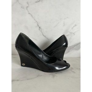 GUCCI Black Patent Leather Peeptoe Wedges Size 37.5/7.5